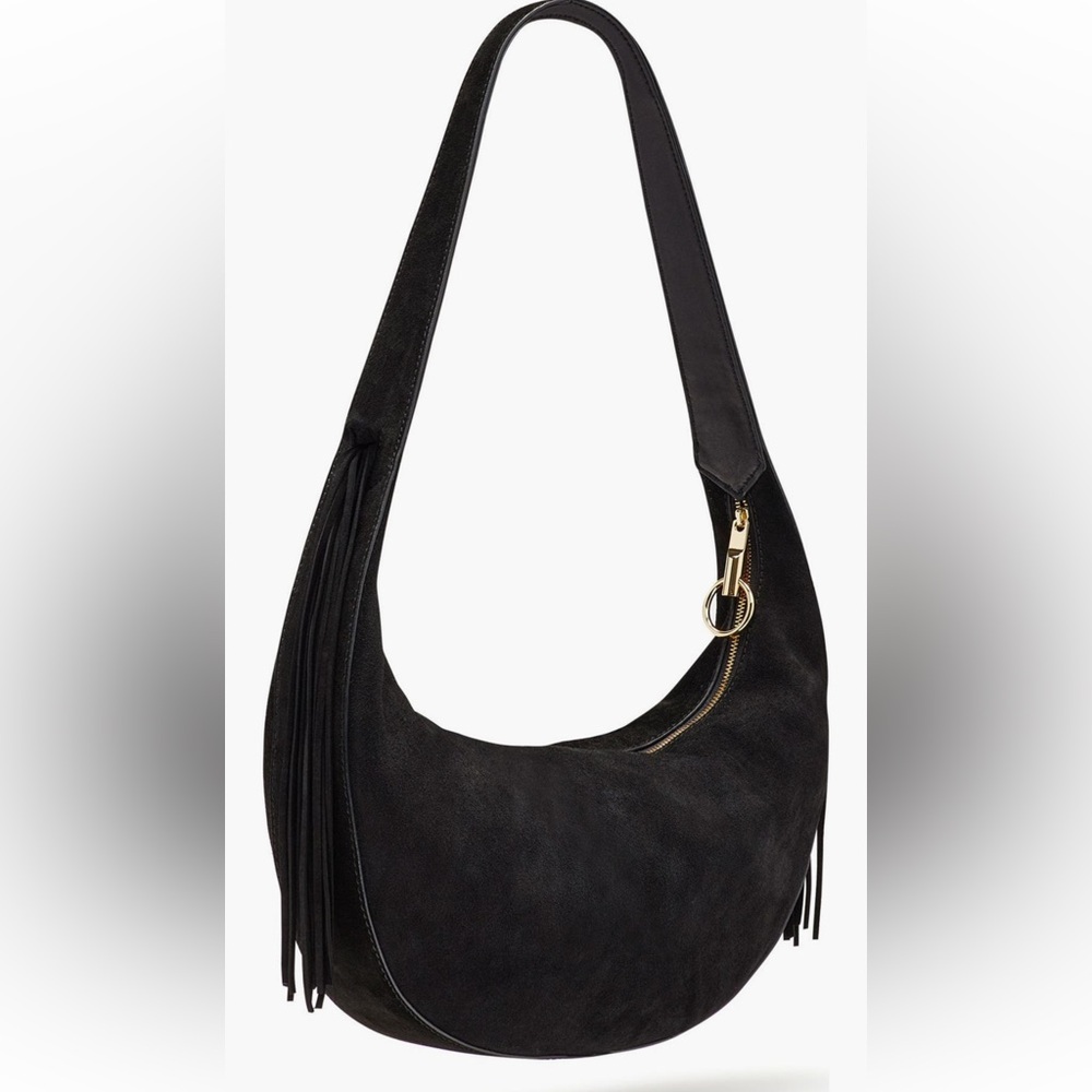Genuine Suede Black Fringe Hobo Shoulder Crossbody Bag